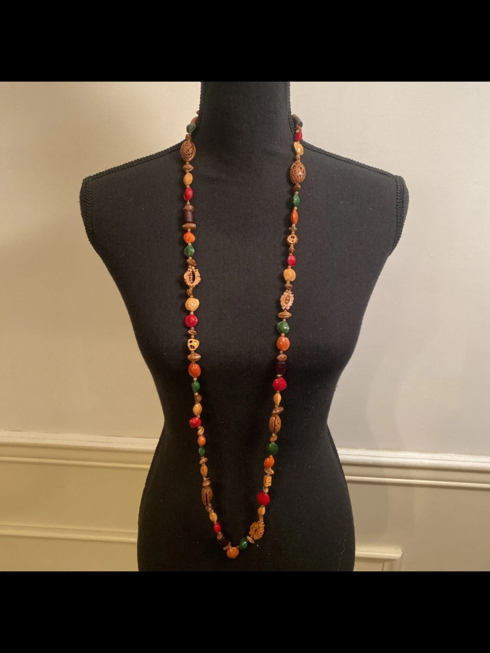 Long Multicolor Nut Seed Natural Beaded Necklace with Red, Green & Brown Accents